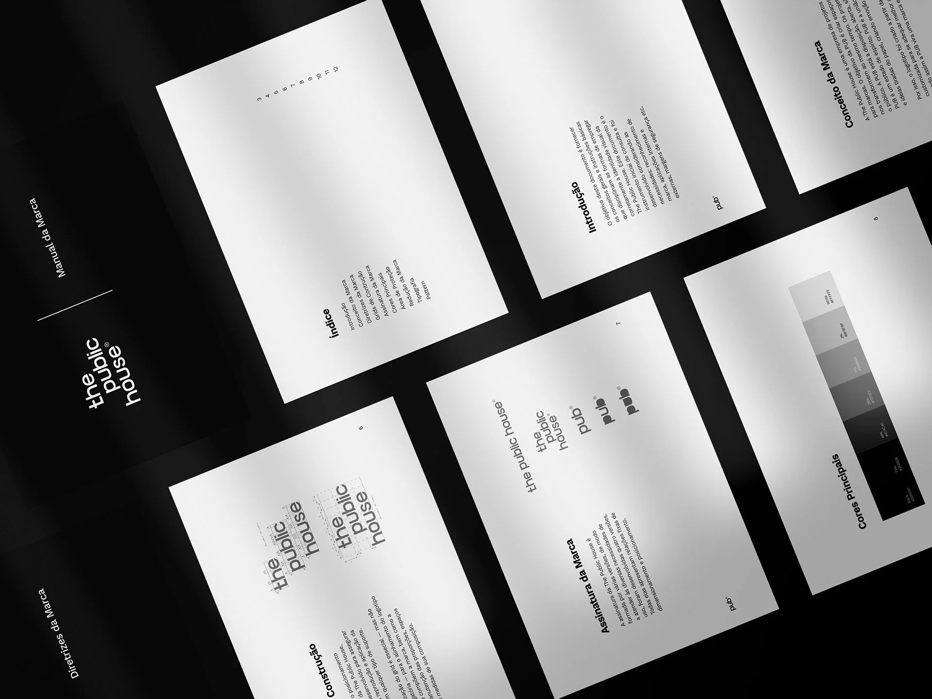 The Public House brand guidelines showing typography, logo variations and page layouts