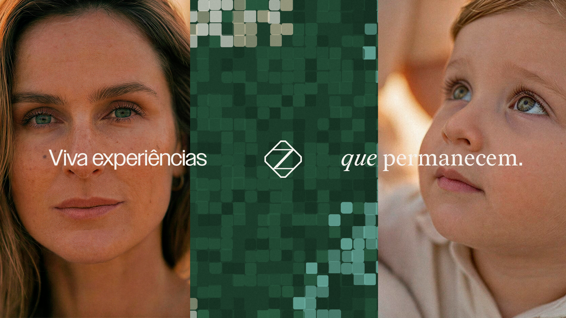 Zaylu Resort campaign with portraits of a woman and child around a green mosaic, and the message “Viva experiências que permanecem.”