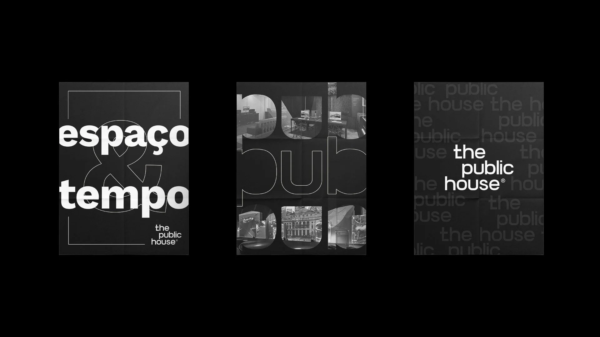 The Public House poster series in black and grey, combining the logo, photographic letterforms and the words “espaço” and “tempo”.