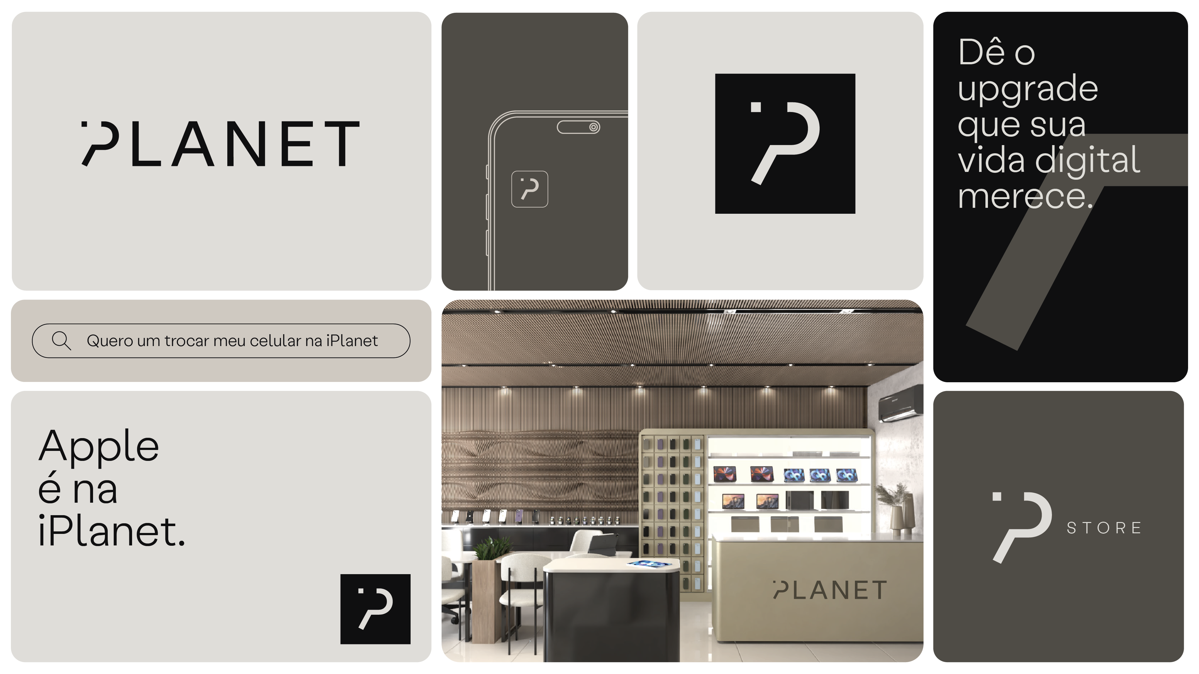 iPlanet brand identity overview with the logo, symbol, neutral colour palette, smartphone graphics, retail display and campaign typography.