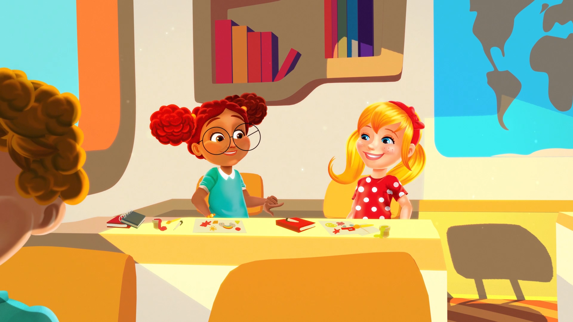 Ana Maria campaign scene showing the animated friends sharing snacks at a classroom table.