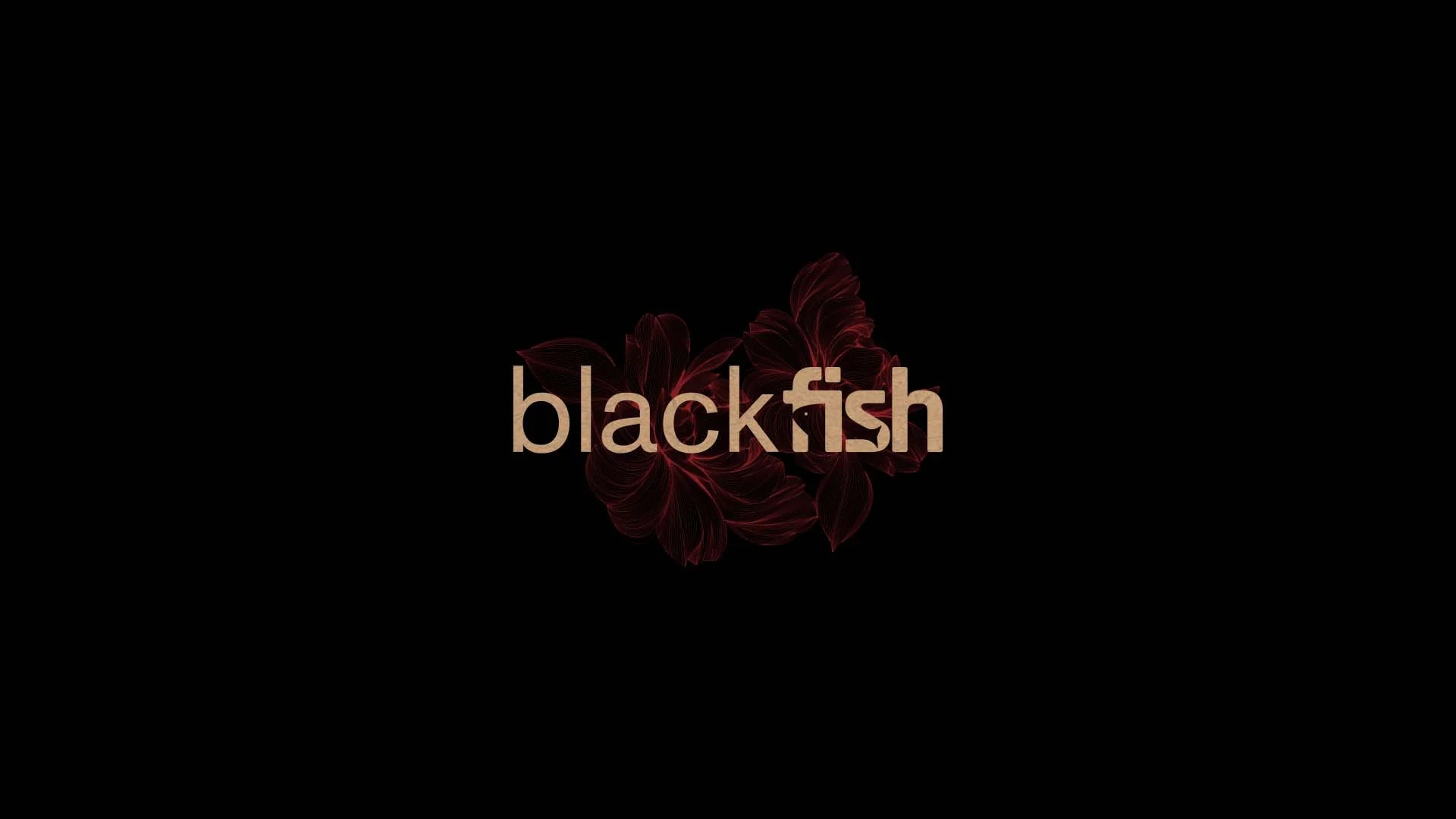 Black Fish restaurant wordmark in warm beige over a red line illustration of a fish on a black background.