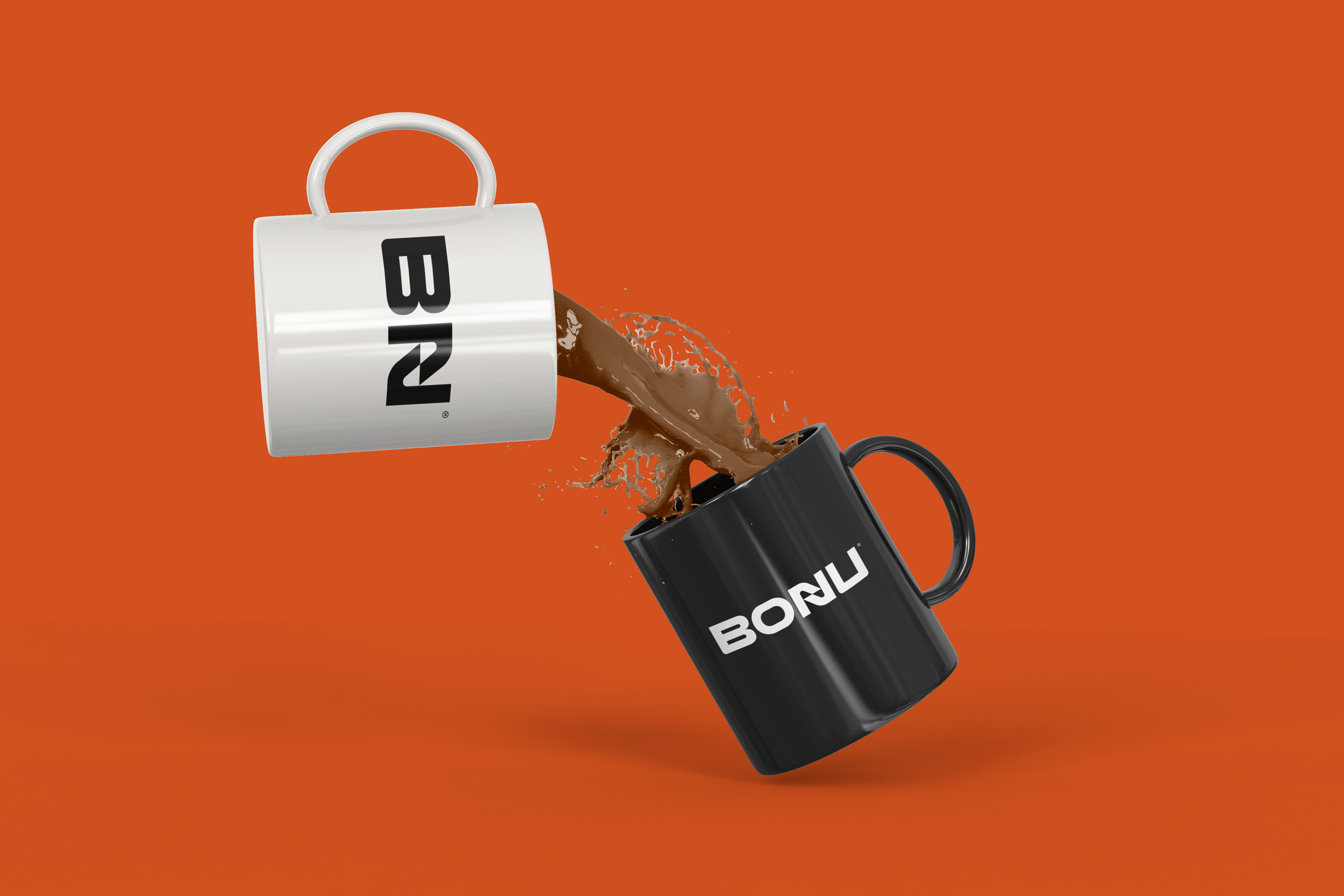 White and black Bonu mugs against an orange background