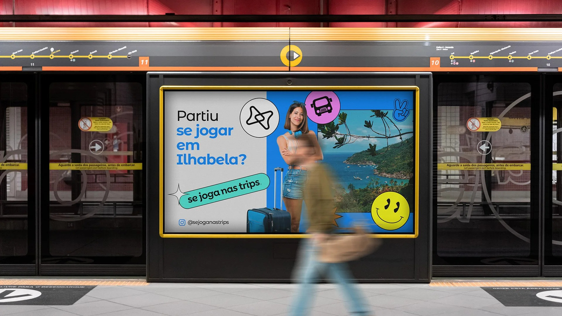 Se Joga Nas Trips metro station advertisement promoting a trip to Ilhabela with beach photography and colorful travel stickers.