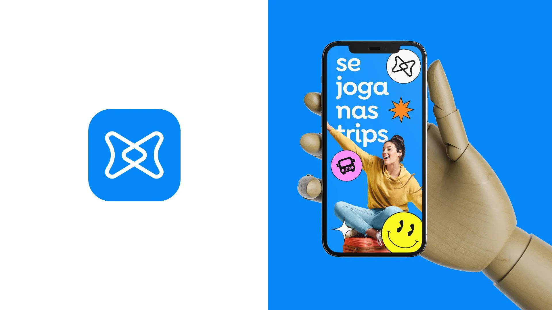 Se Joga Nas Trips app icon and mobile campaign screen with the brand symbol, travel stickers and a smiling traveler on blue.