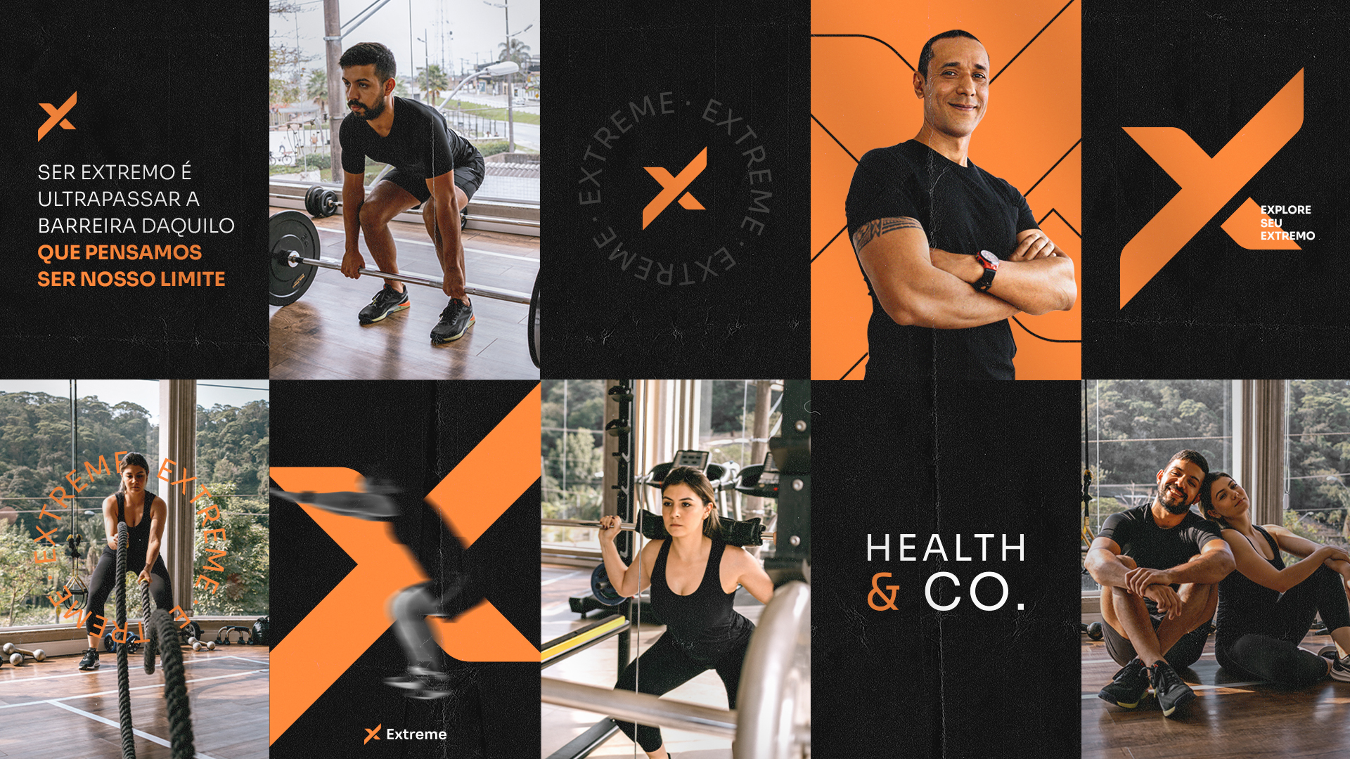 Extreme Health & Co. identity collage with orange geometric symbols, motivational typography and photographs of the training team.