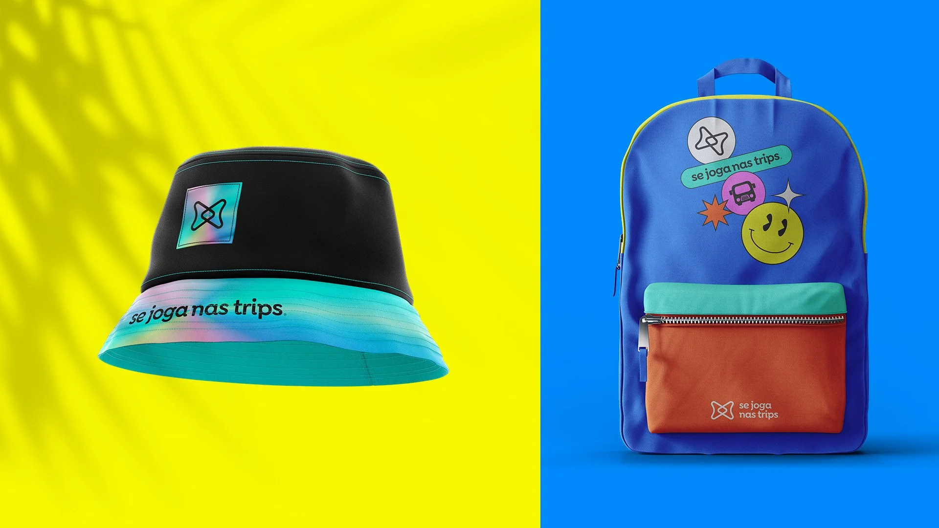 Se Joga Nas Trips branded bucket hat and blue backpack with colorful travel stickers on yellow and blue backgrounds.