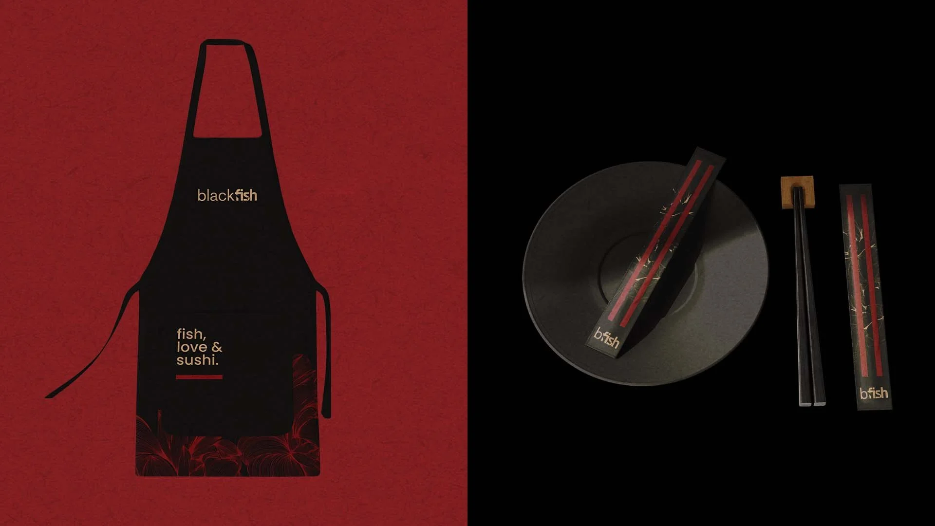 Black Fish restaurant apron, ceramic plate and branded chopsticks on red and black backgrounds.