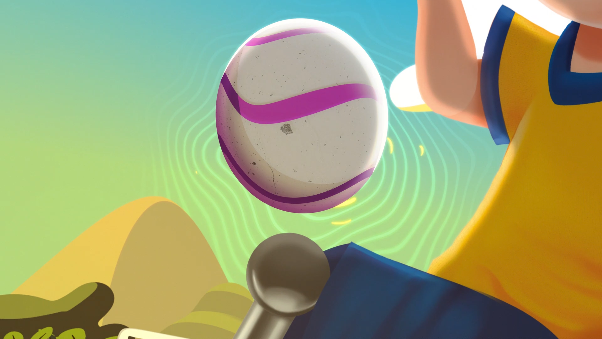 Ana Maria campaign detail showing a white and purple ball floating with glowing concentric rings.