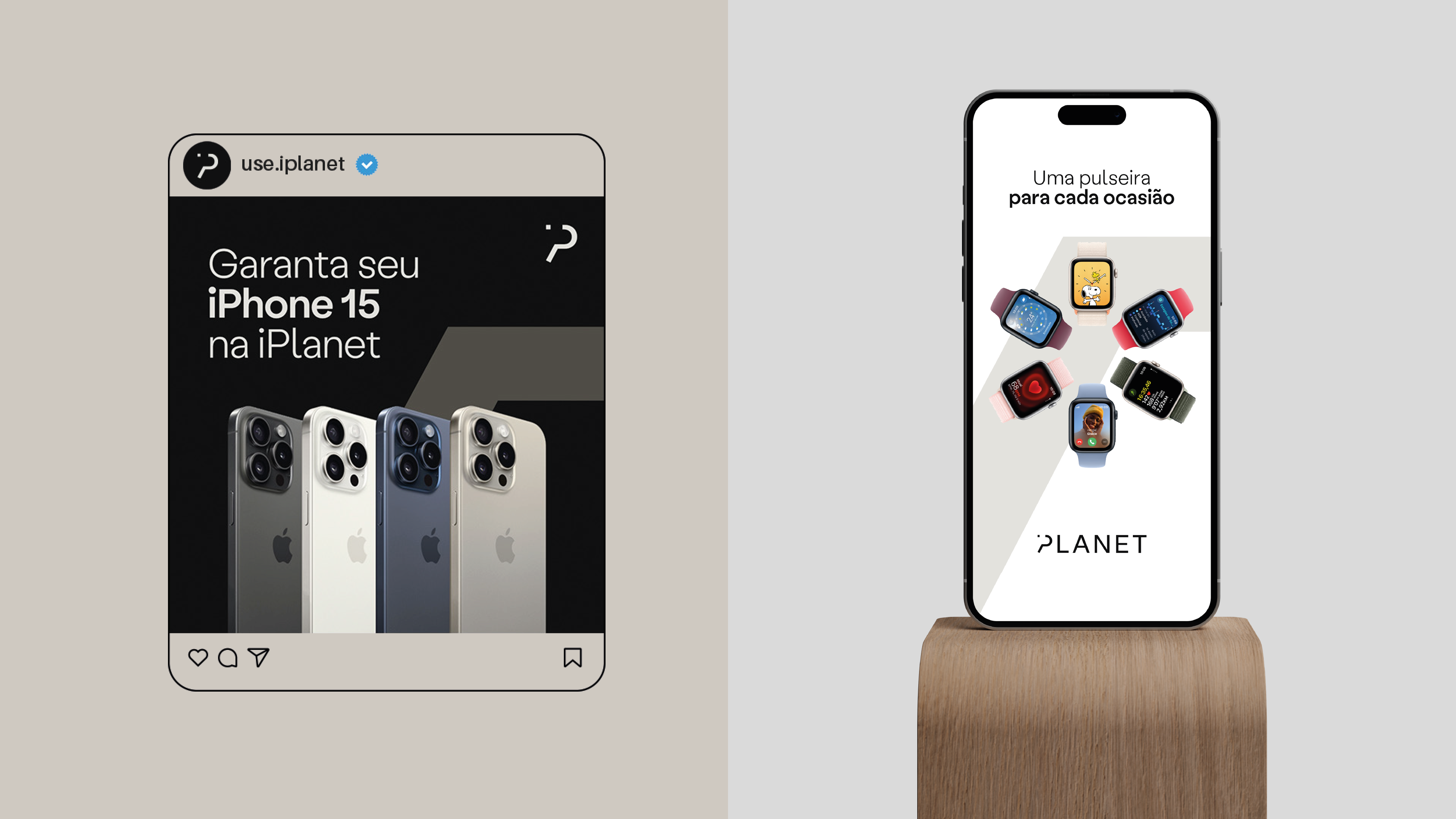 iPlanet digital campaign showcasing iPhone 15 devices in an Instagram layout and Apple Watch straps on a smartphone screen.