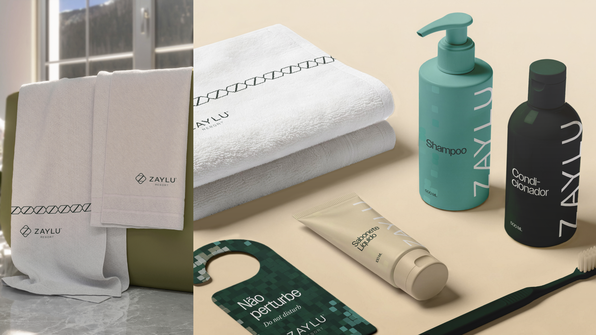 Zaylu Resort towels and toiletries, with green shampoo and conditioner bottles and a patterned door hanger.