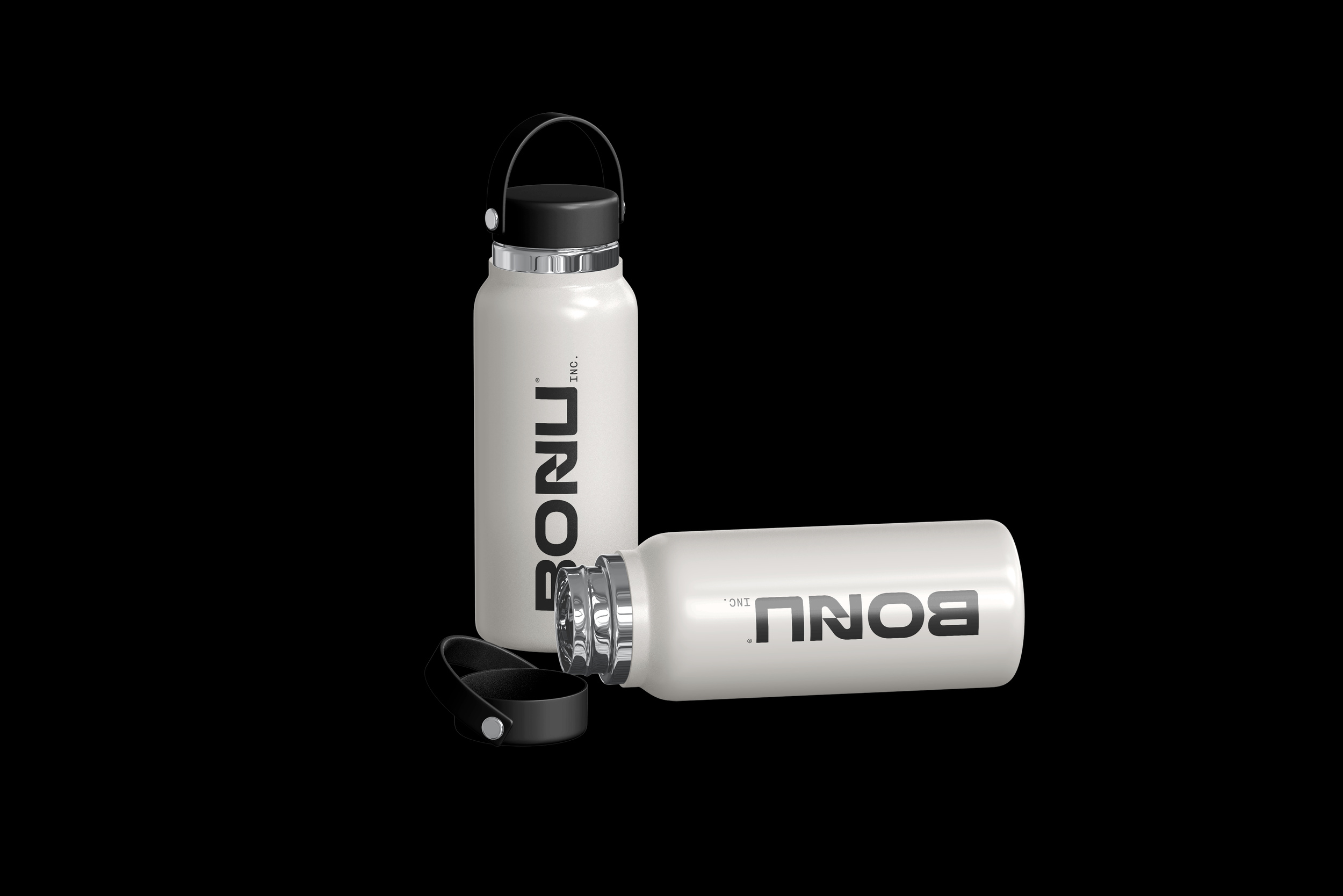 BONU white insulated water bottles with vertical gray wordmarks and black lids on a black background.