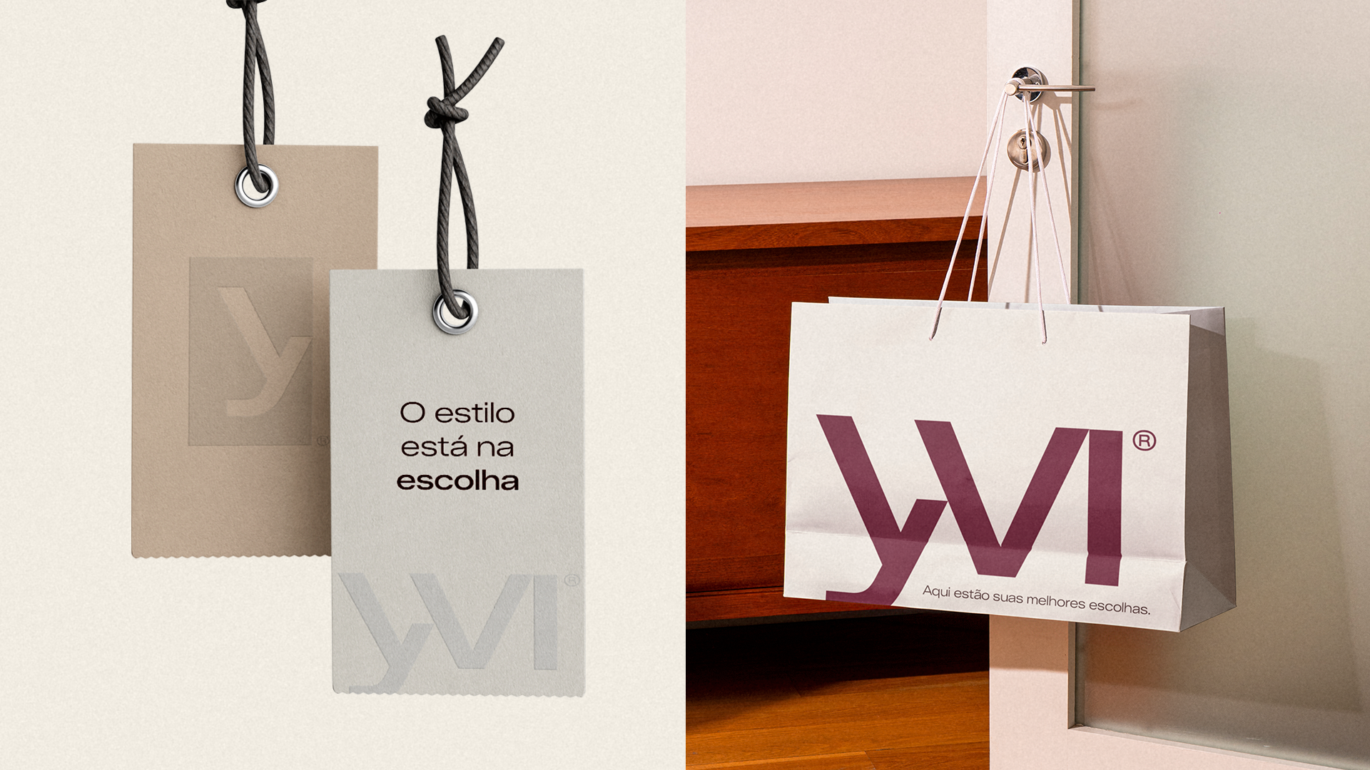Yvi clothing tags and paper shopping bag in cream and burgundy, displaying the logo and brand message.
