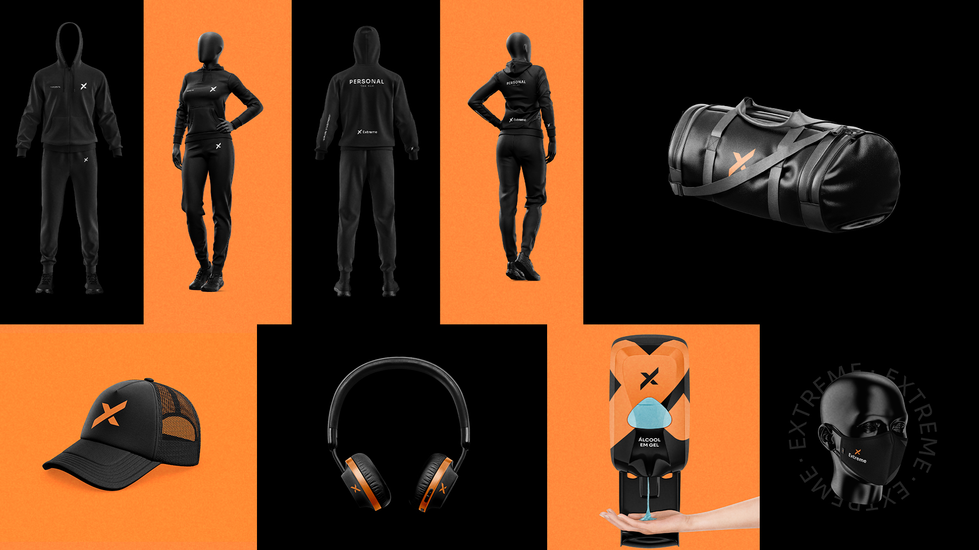 Extreme Health & Co. sportswear and accessories including tracksuits, a gym bag, cap, headphones, skateboard and helmet.