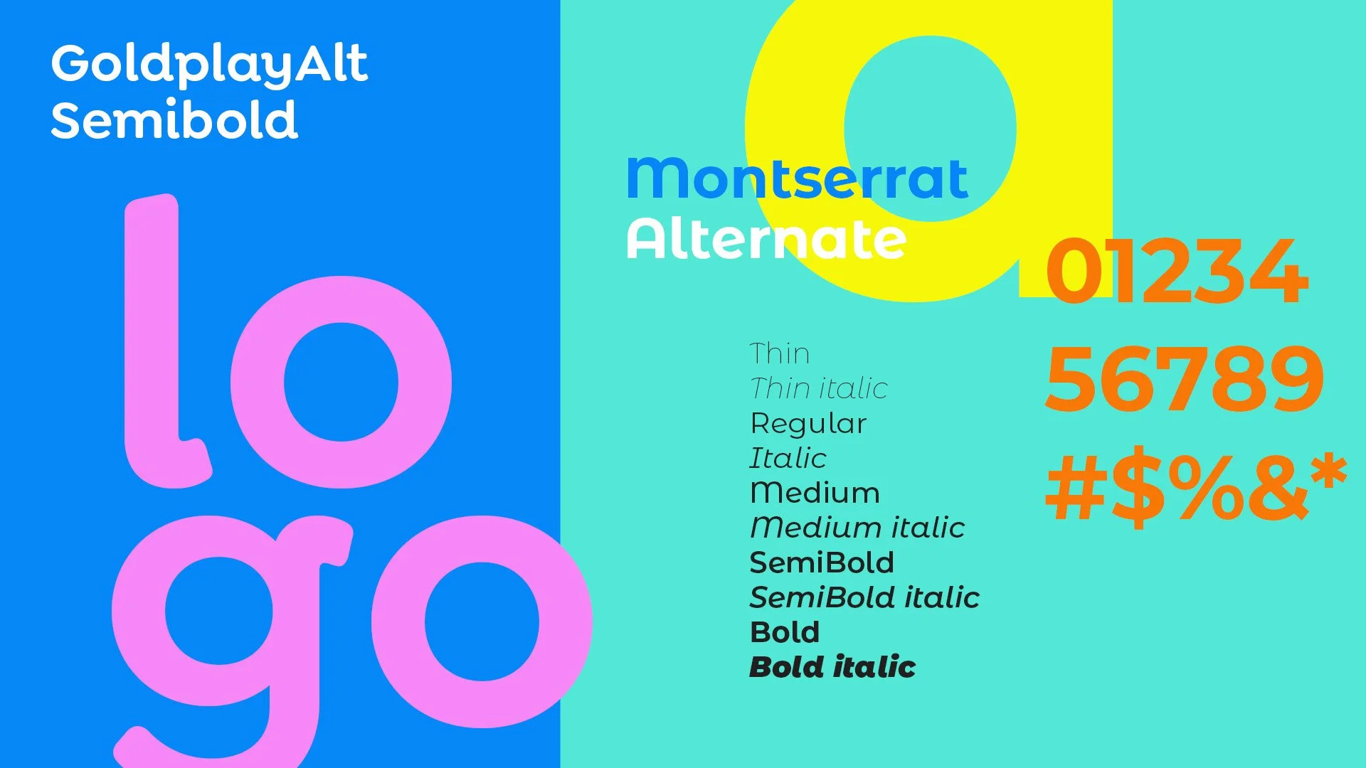 Se Joga Nas Trips typography board presenting Goldplay Alt and Montserrat Alternates in blue, pink, turquoise, yellow and orange.