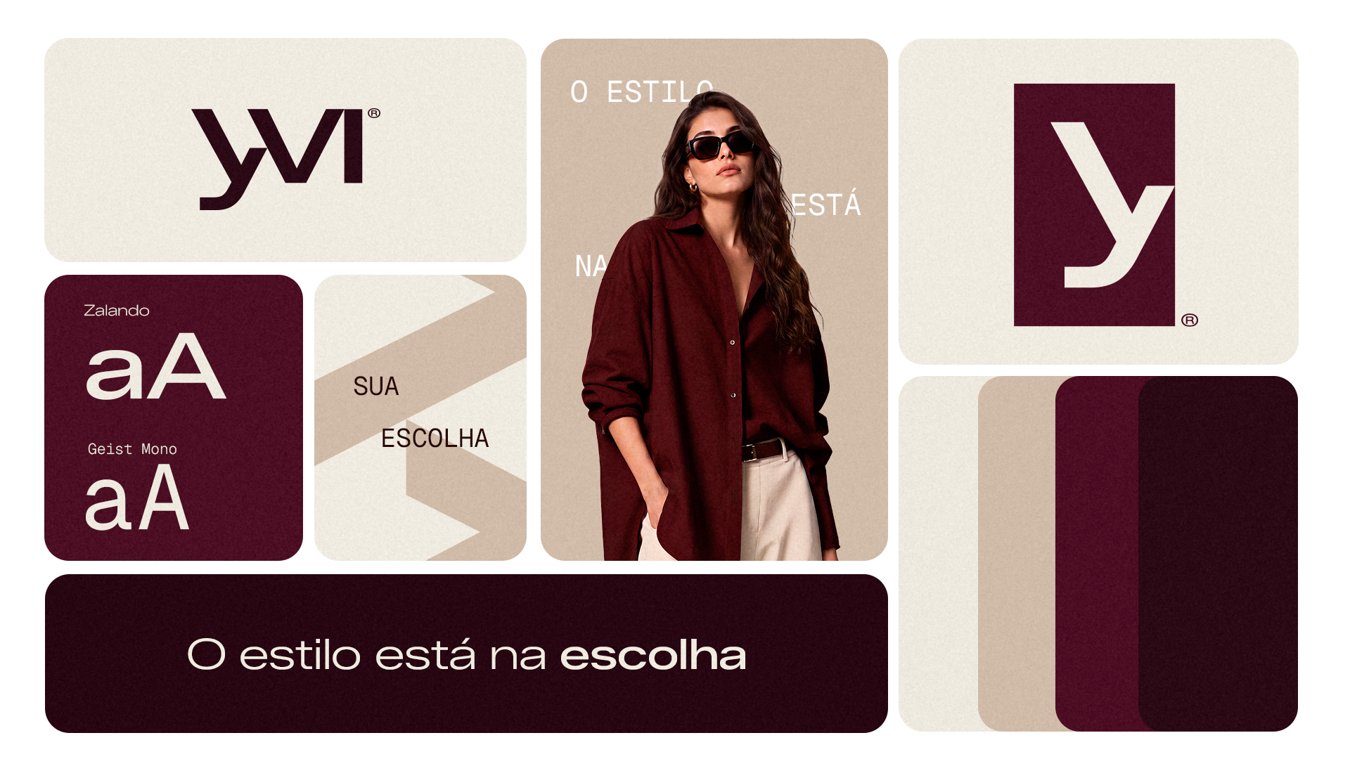 Yvi brand identity system with the logo, monogram, burgundy and cream palette, typefaces and fashion photography.