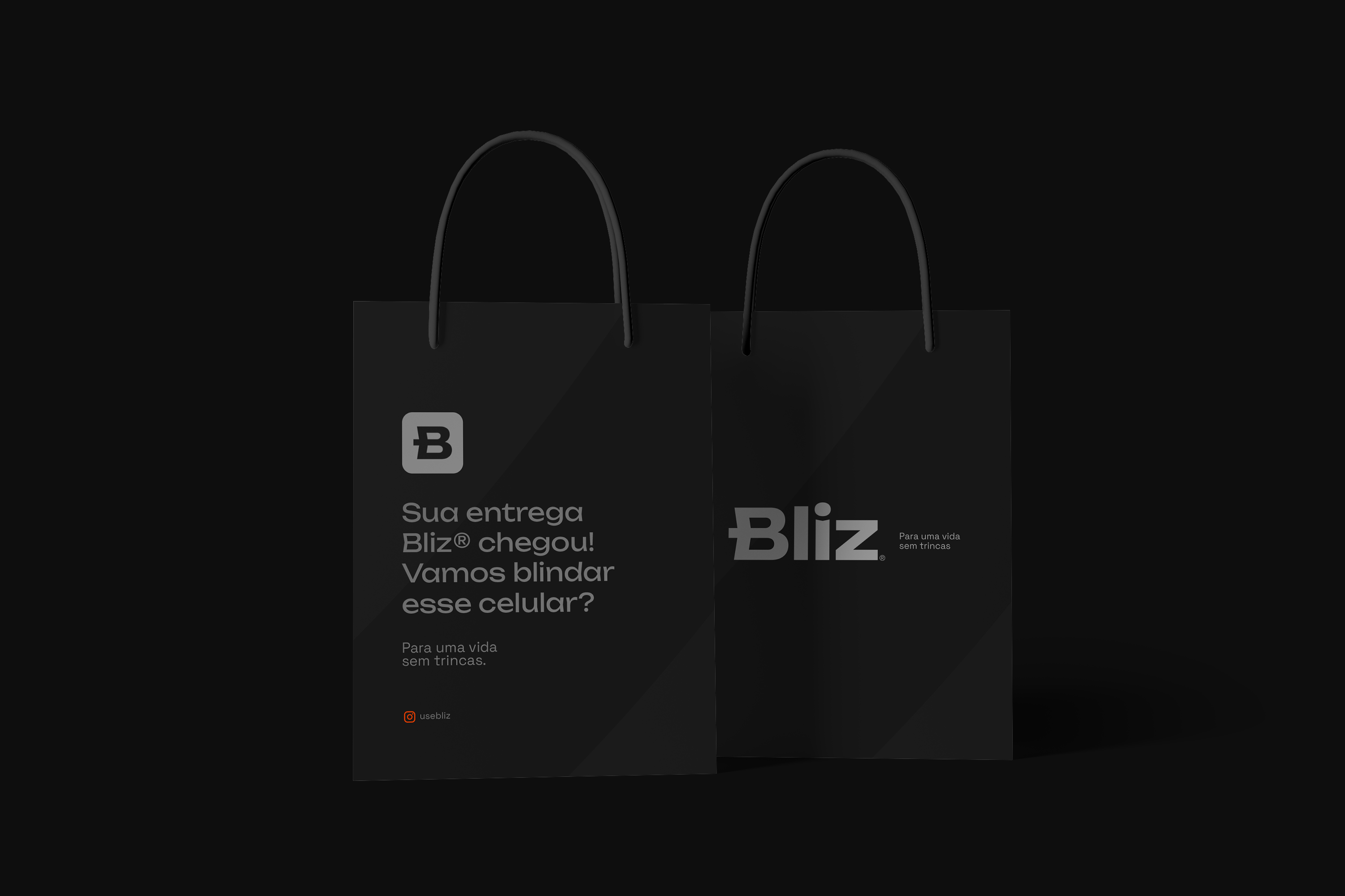 Bliz black shopping bags featuring the logo, monogram and welcome message in the brand typography.