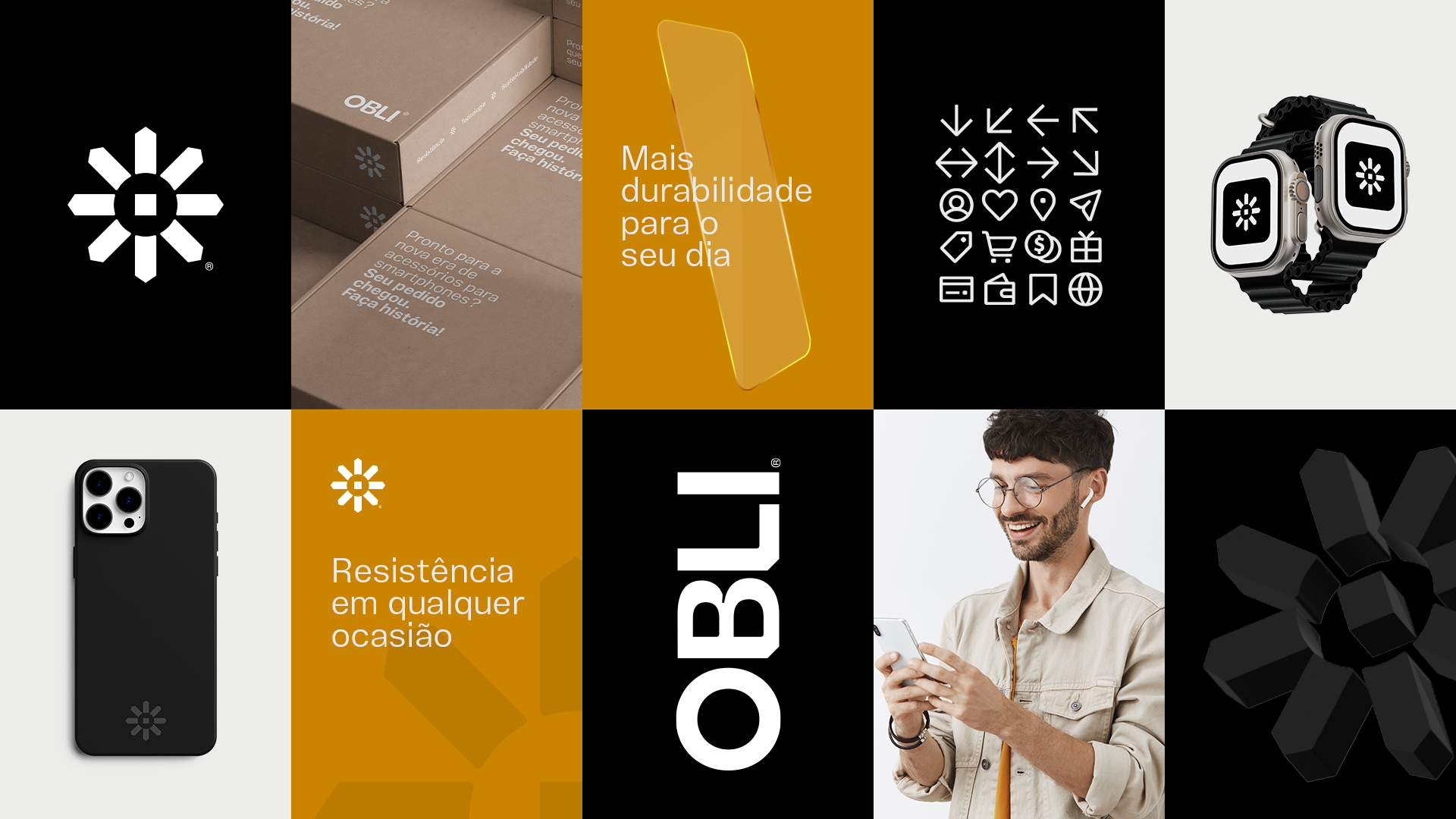 Obli brand identity overview with the geometric symbol, wordmark, icon system, packaging, smartwatch and smartphone photography.