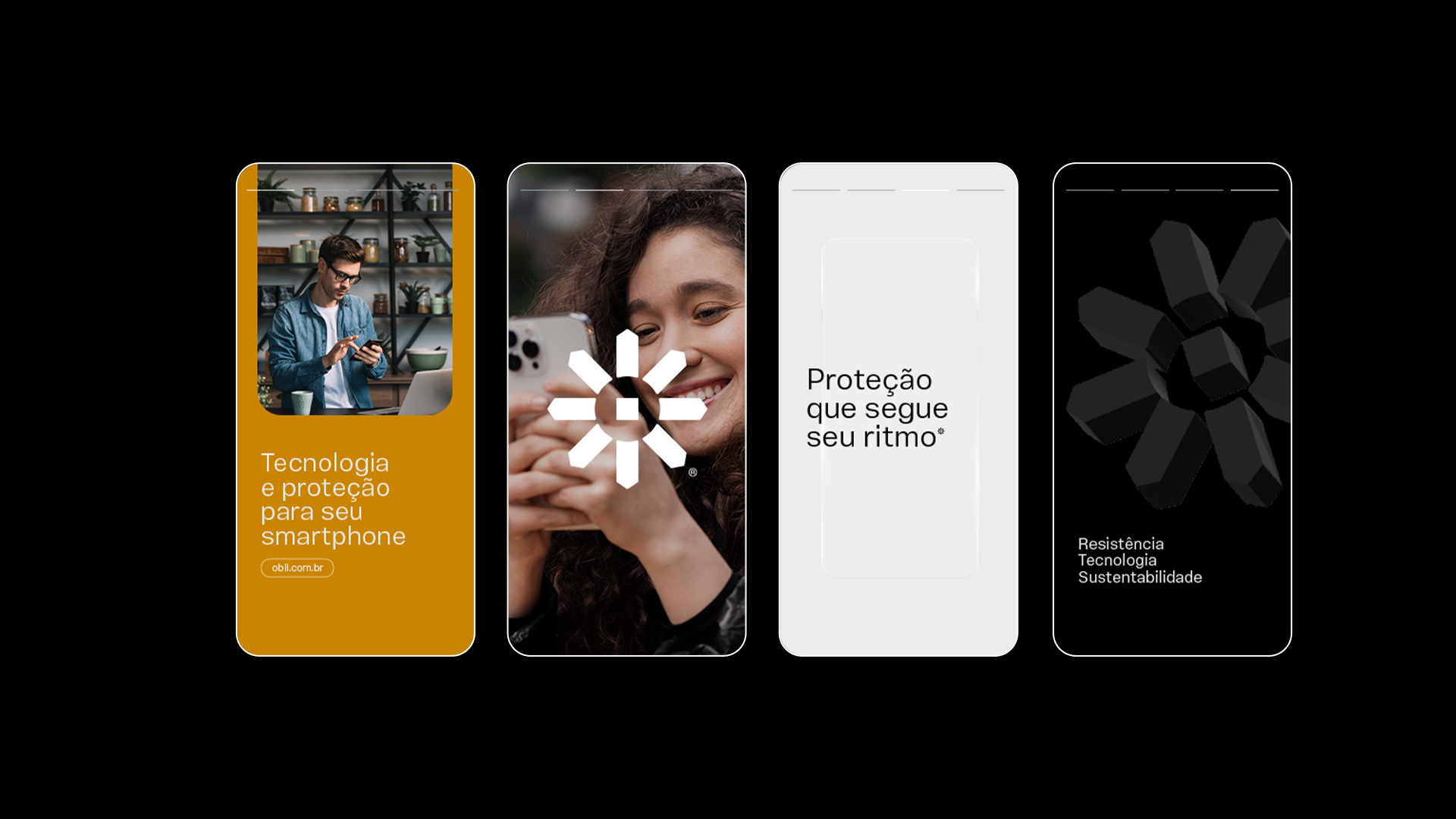 Obli mobile campaign layouts combining lifestyle photography, the geometric symbol and contrasting black, white and ochre backgrounds.