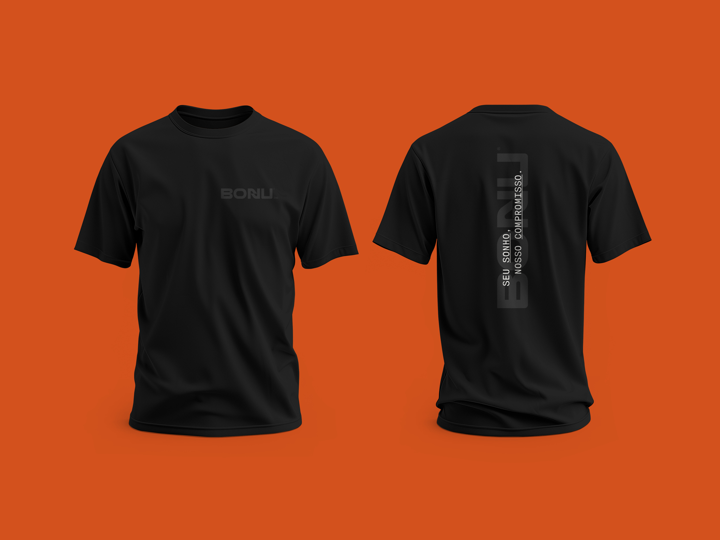 BONU black T-shirt shown from the front and back with the wordmark and vertical brand message on orange.