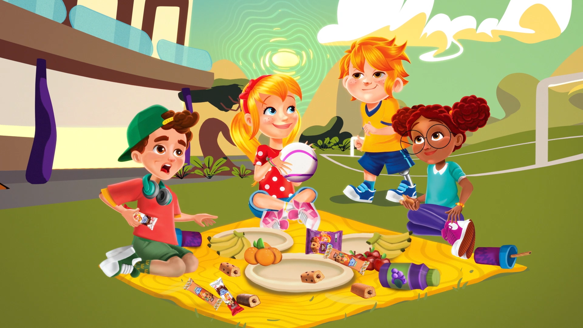 Ana Maria campaign illustration showing four animated friends sharing a picnic with snacks, fruit and a mysterious glowing ball.