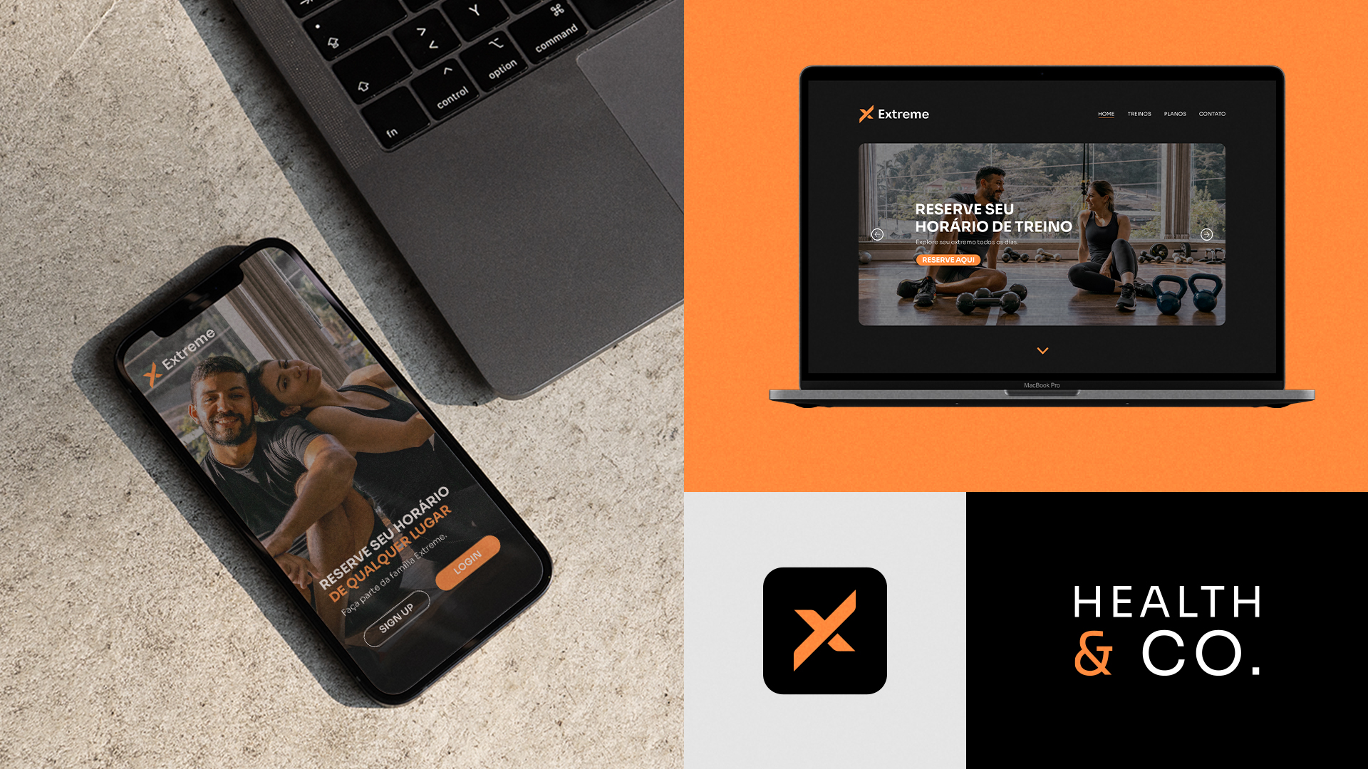 Extreme Health & Co. digital identity shown on a phone, tablet and laptop alongside the orange symbol and wordmark.