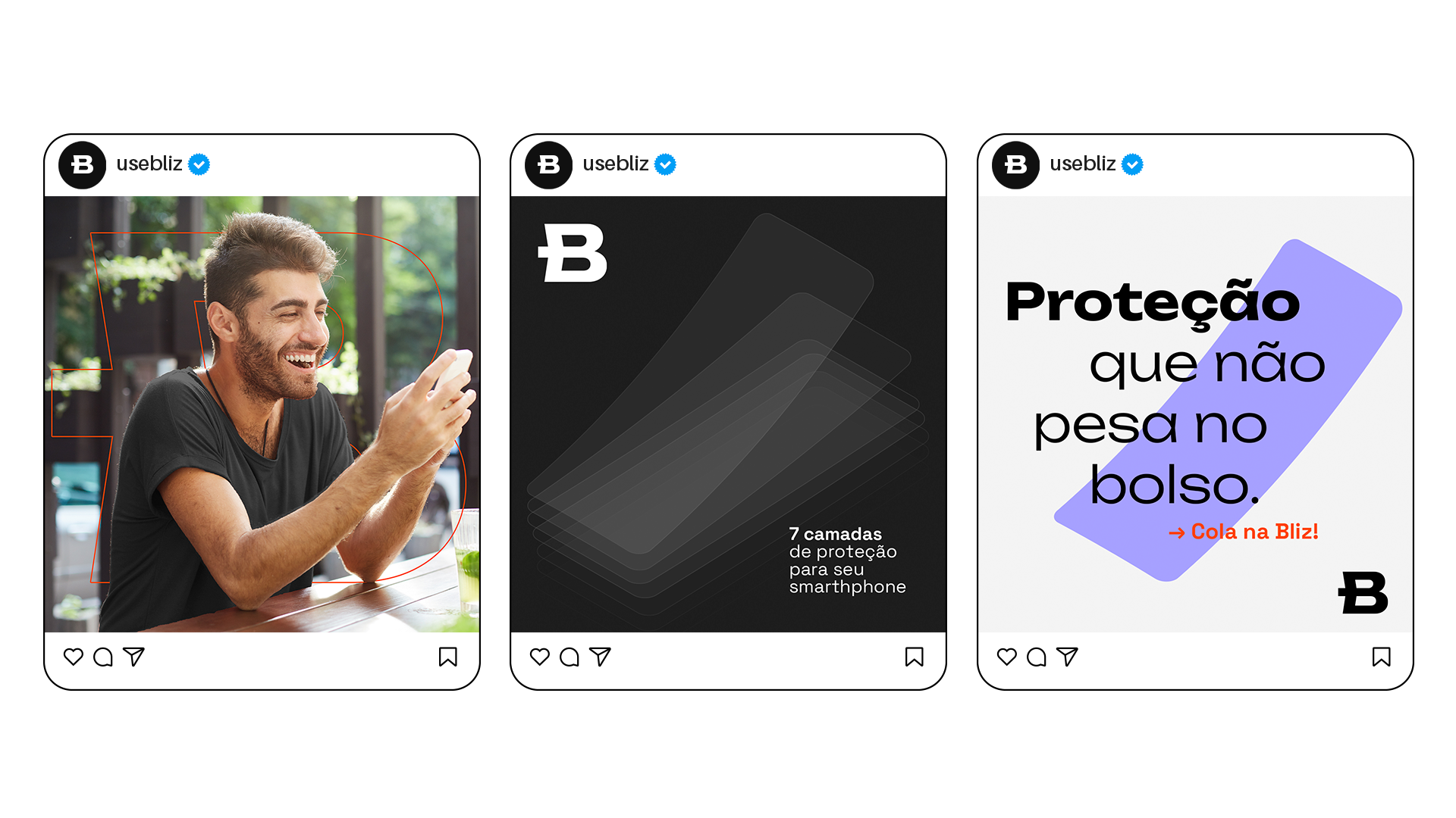 Bliz Instagram campaign layouts combining smartphone photography, protective screen layers and the message “Proteção que não pesa no bolso.”
