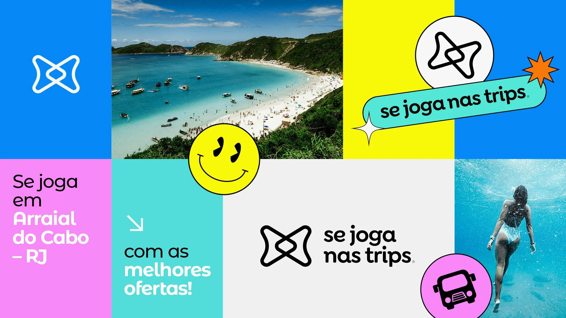 Se Joga Nas Trips visual identity collage with beach and underwater photography, travel icons, bright color blocks and playful typography.