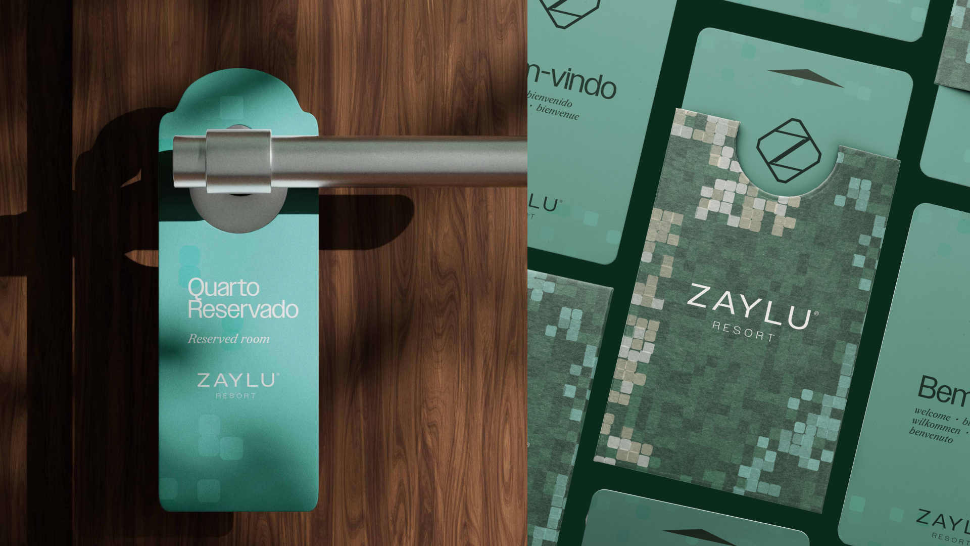 Zaylu Resort door hanger and welcome stationery in green, featuring the modular identity pattern.