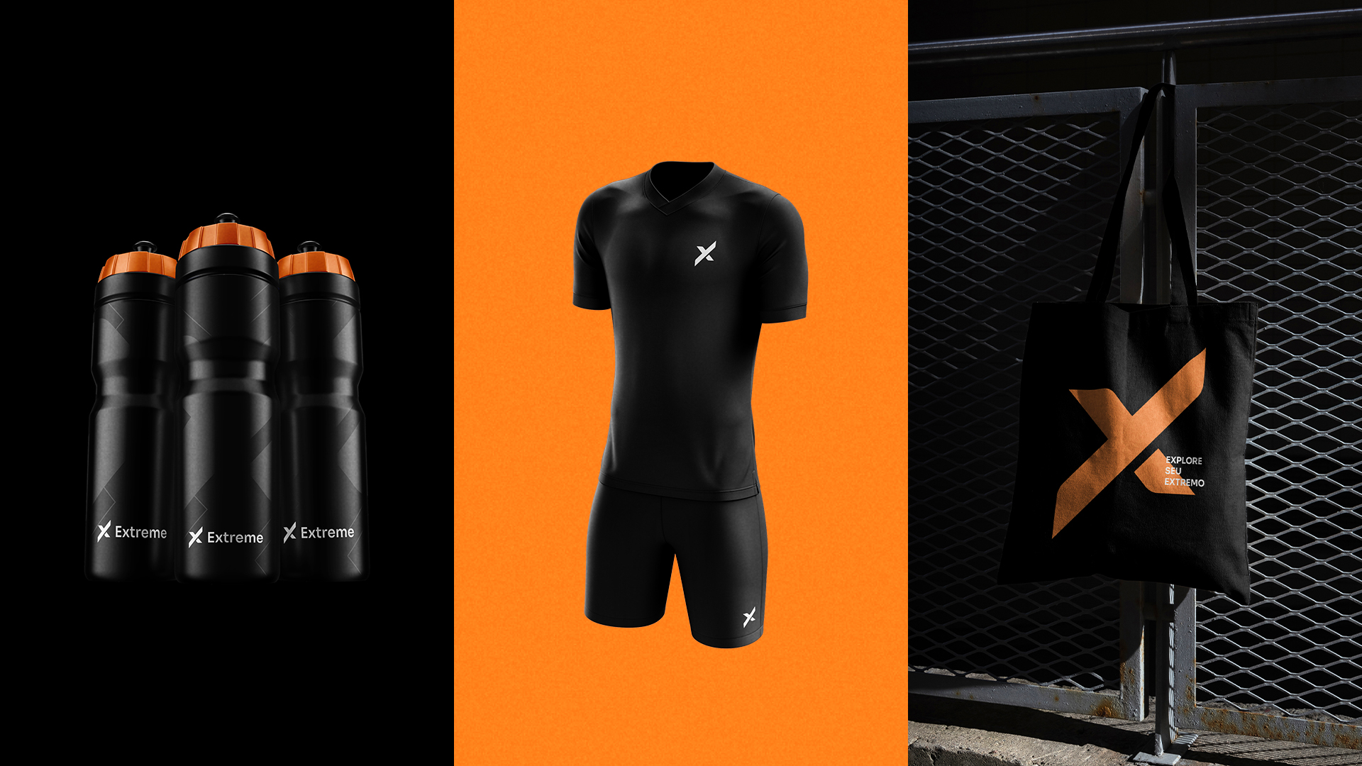 Extreme Health & Co. branded water bottles, training outfit and tote bag in black with orange details.