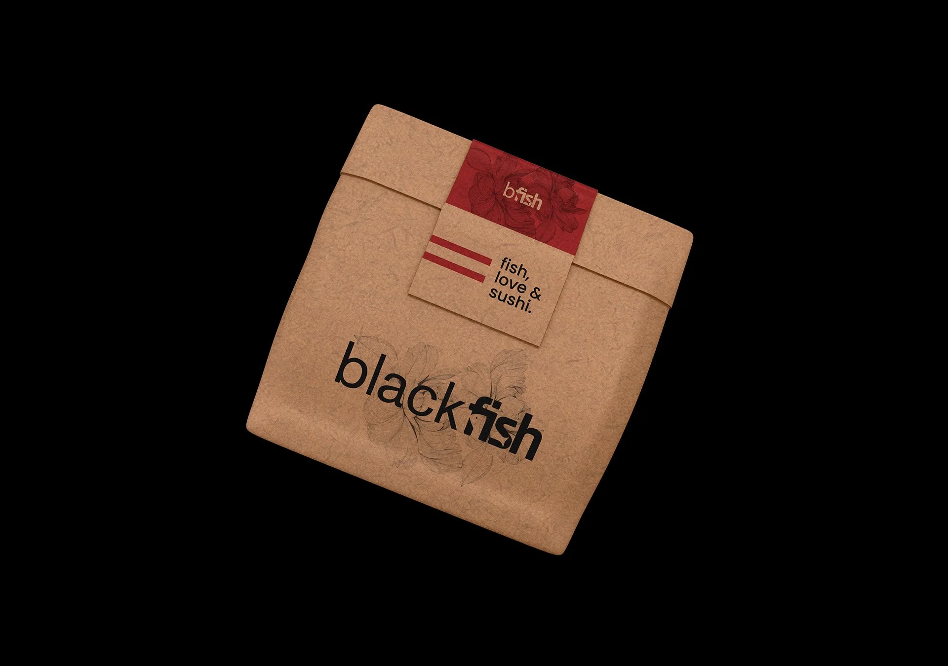 Black Fish kraft takeaway bag with the restaurant wordmark and a red branded seal.
