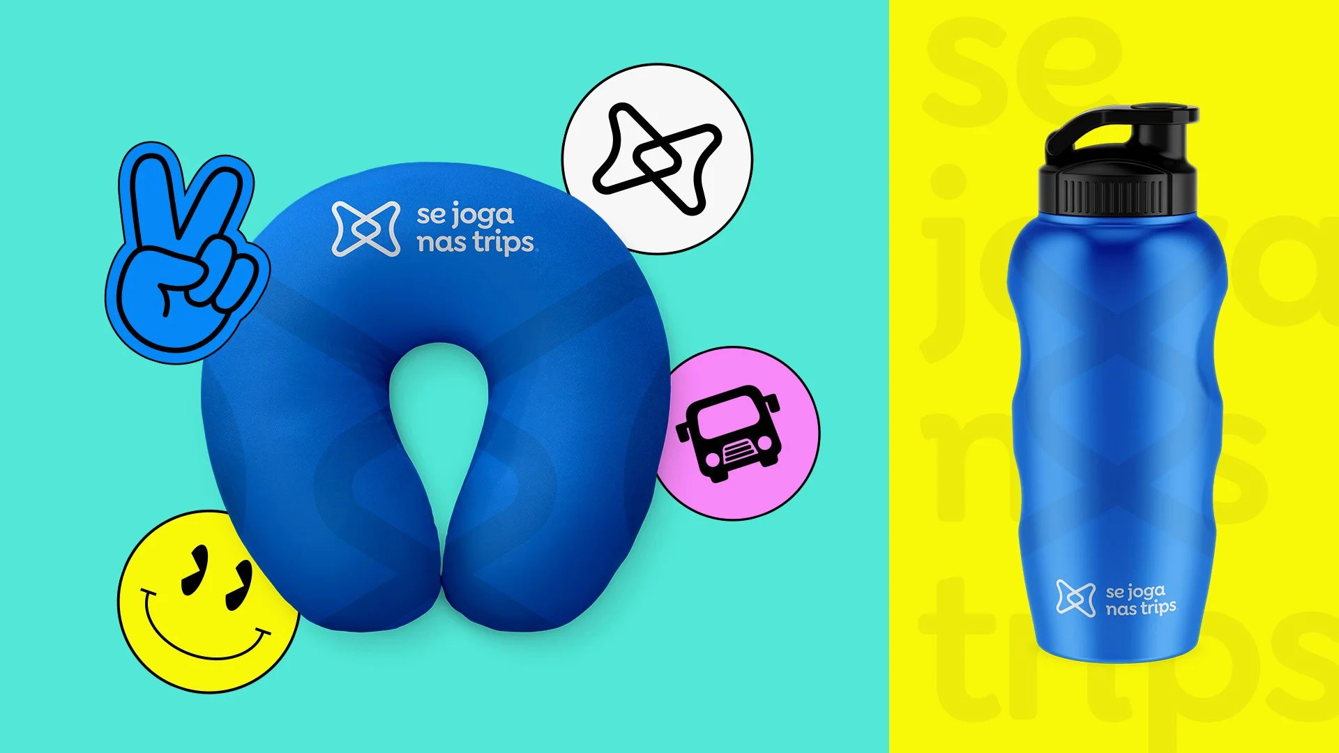 Se Joga Nas Trips blue travel neck pillow and water bottle with the white wordmark on turquoise and yellow backgrounds.