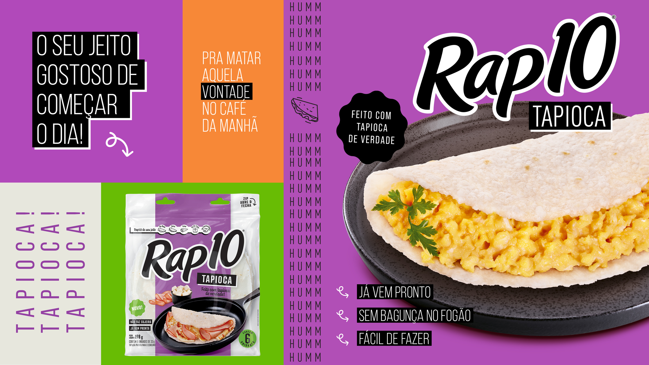 RAP10 Tapioca campaign identity with purple, orange and green typography, product packaging and a filled tapioca on a plate.