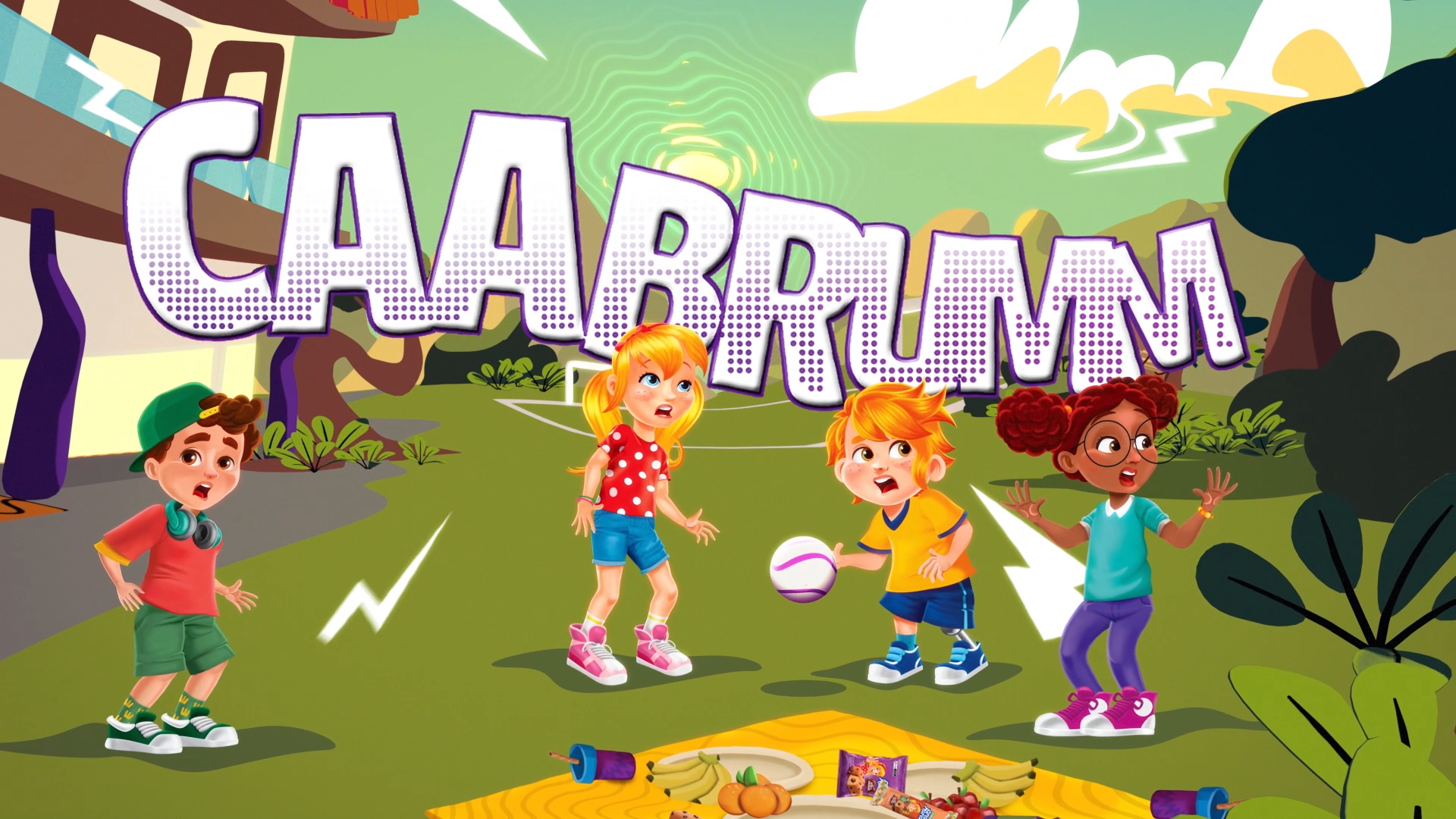 Ana Maria animated friends reacting to a loud crash during an outdoor picnic, with the comic lettering “Caaarrumm”.