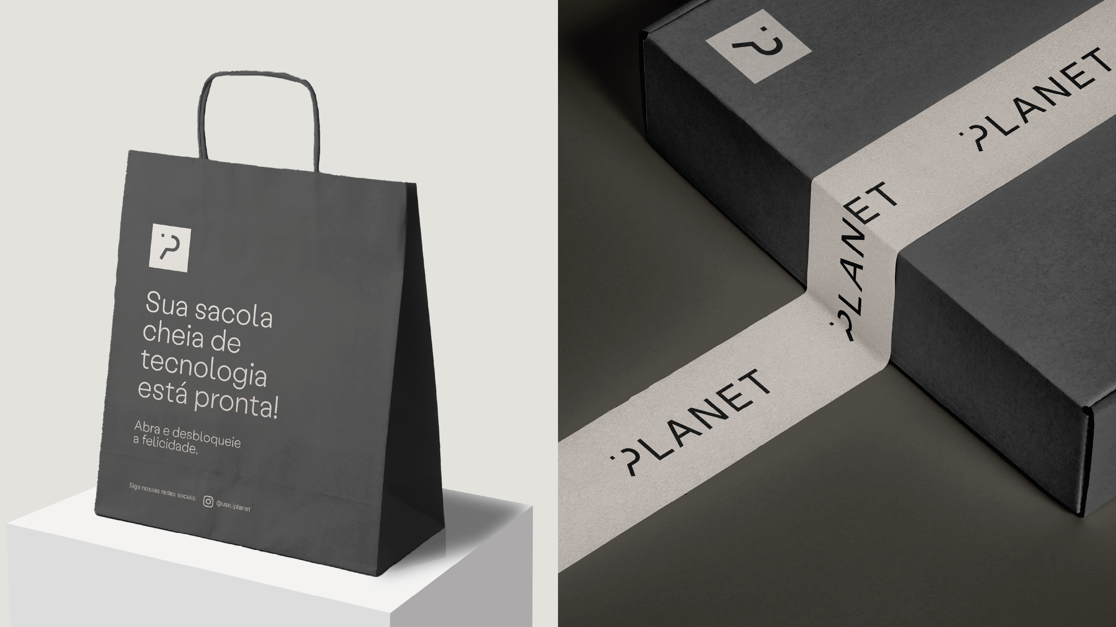 iPlanet shopping bag and black packaging with a branded paper band in a neutral black-and-cream palette.