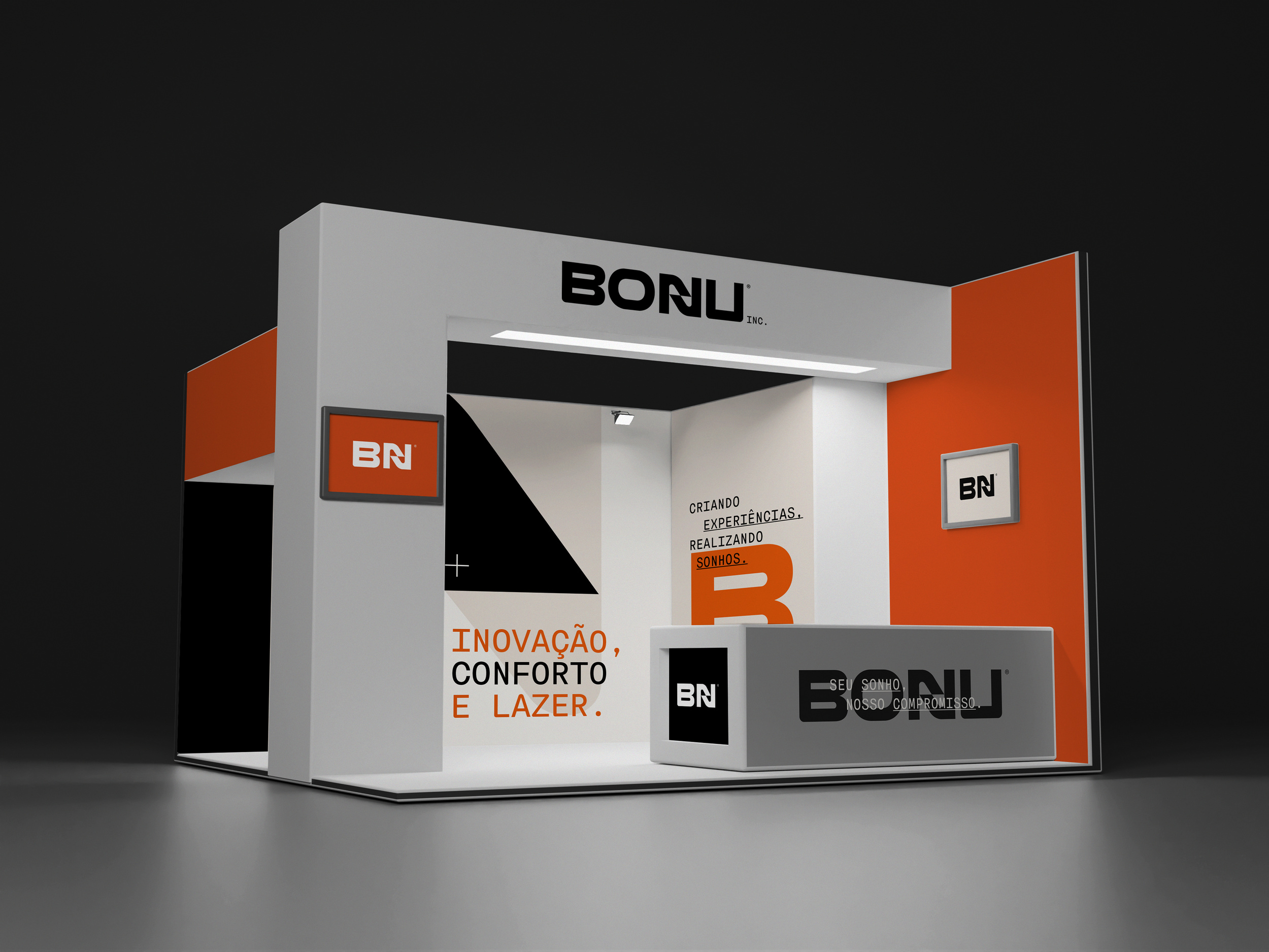 BONU exhibition booth with white and orange panels, black wordmarks, promotional messages and a branded reception counter.