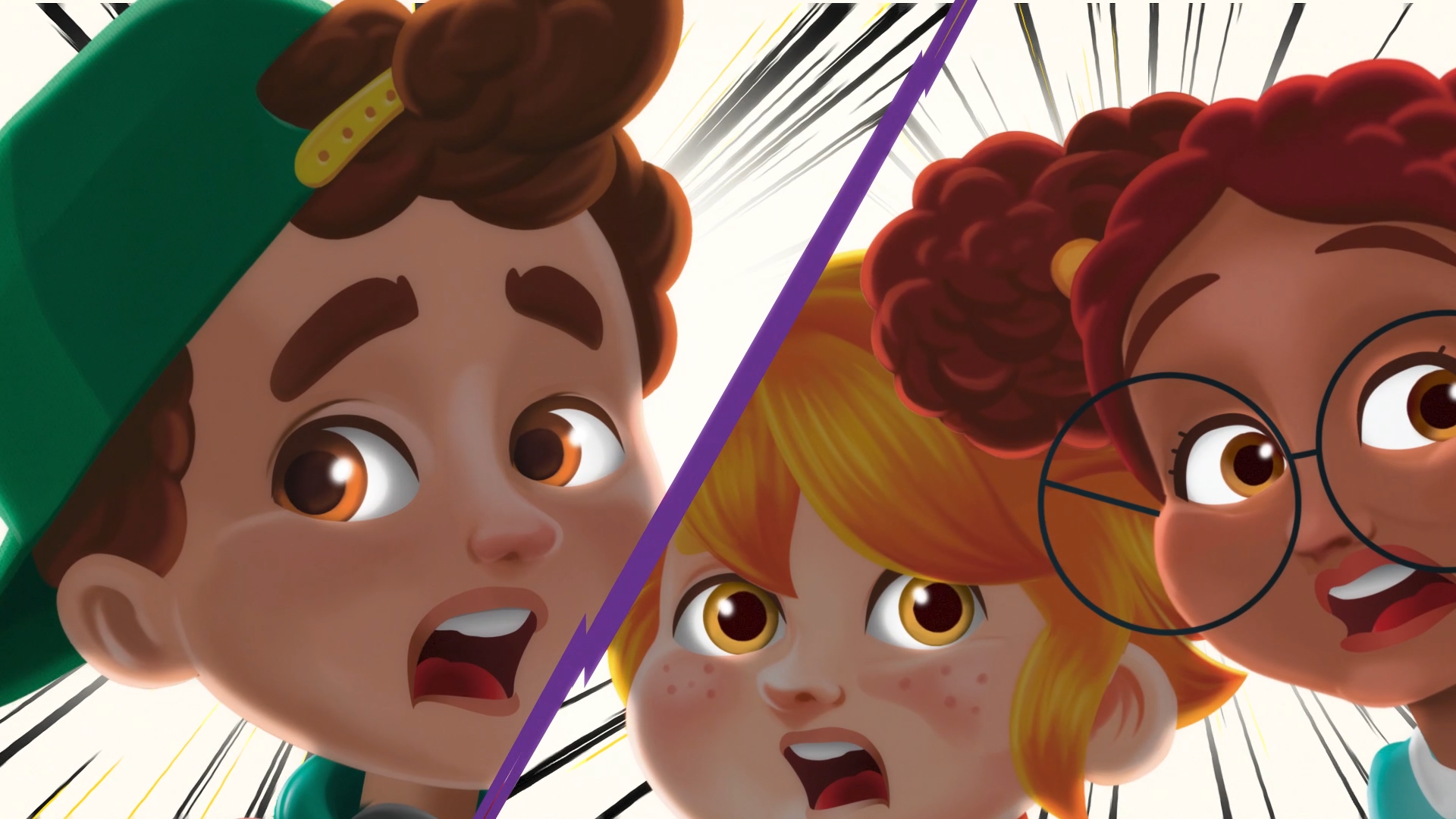 Ana Maria campaign close-up showing three animated friends reacting with surprise, arranged in dynamic diagonal panels.