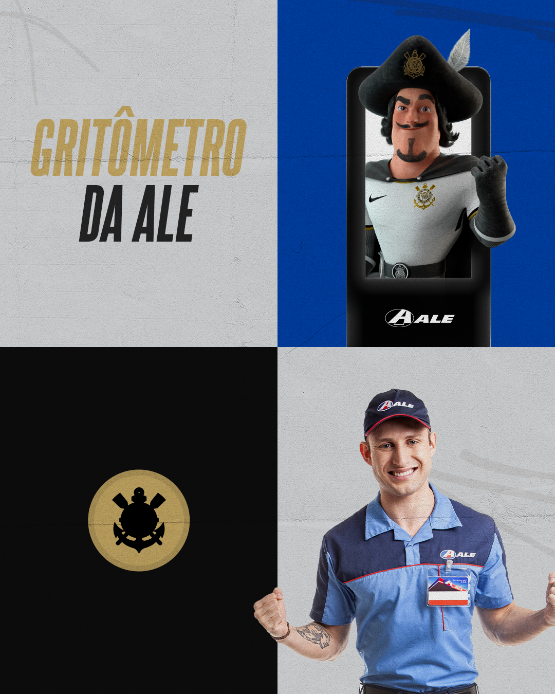 Gritômetro da ALE campaign identity with the mascot, Corinthians crest, ALE attendant and gold wordmark on blue and black panels.