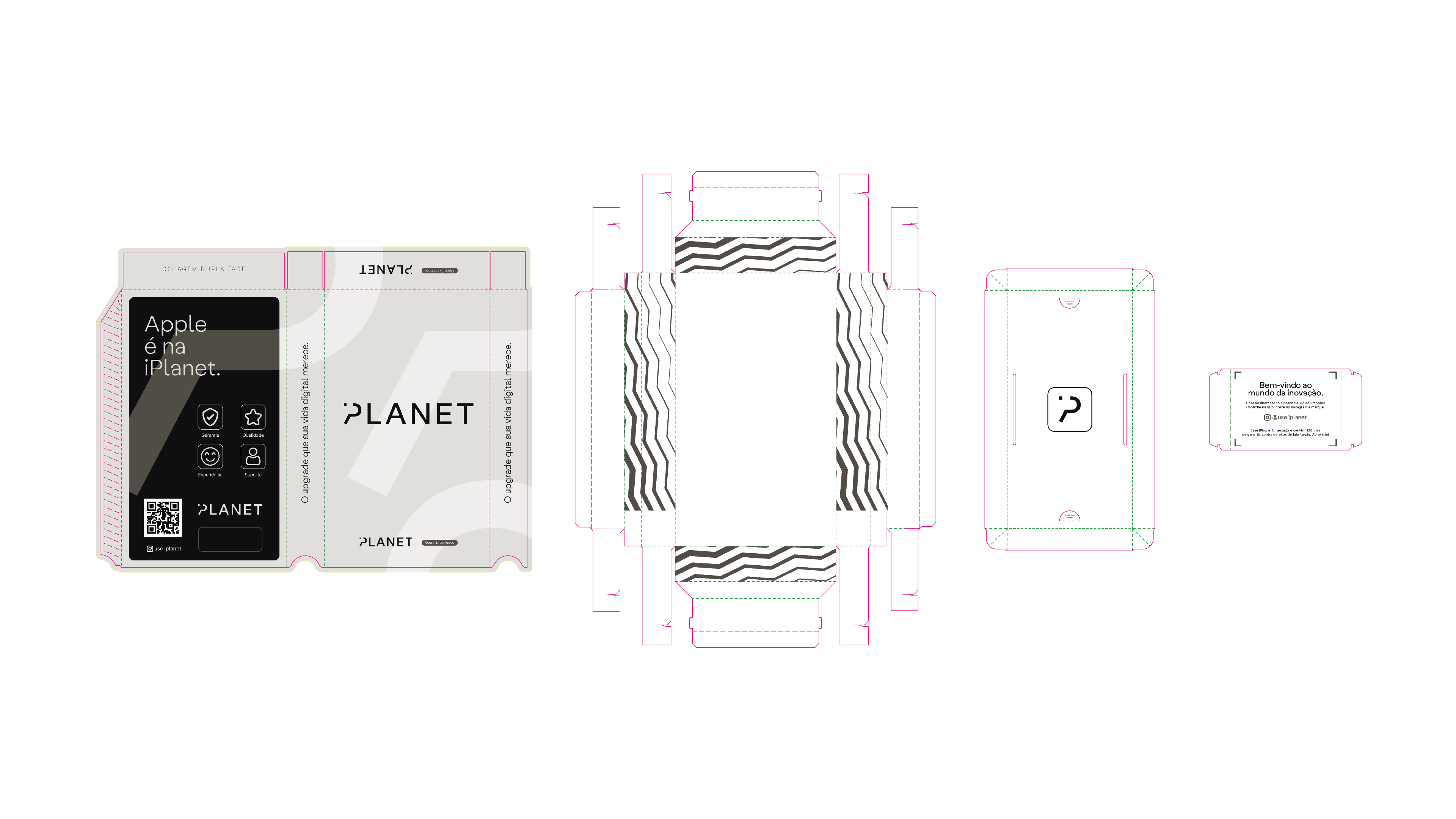 iPlanet packaging artwork and dielines showing the logo, black-and-white patterns, smartphone packaging and printed cards.