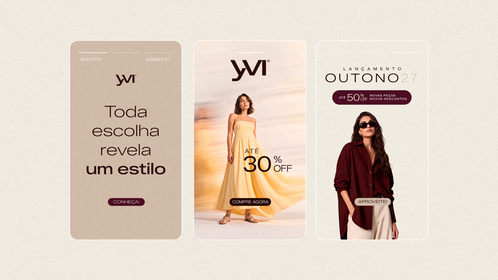 Yvi mobile campaign layouts with fashion photography, autumn offers and the message “Toda escolha revela um estilo.”