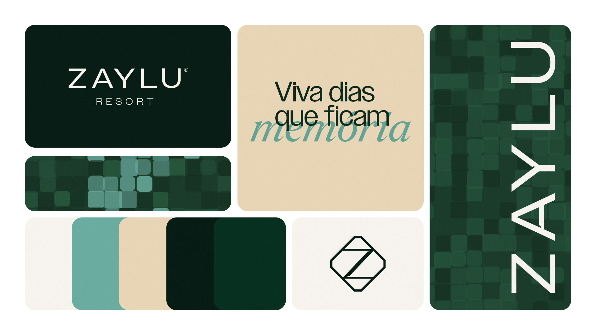 Zaylu Resort identity board with green patterns, typography, color palette and monogram
