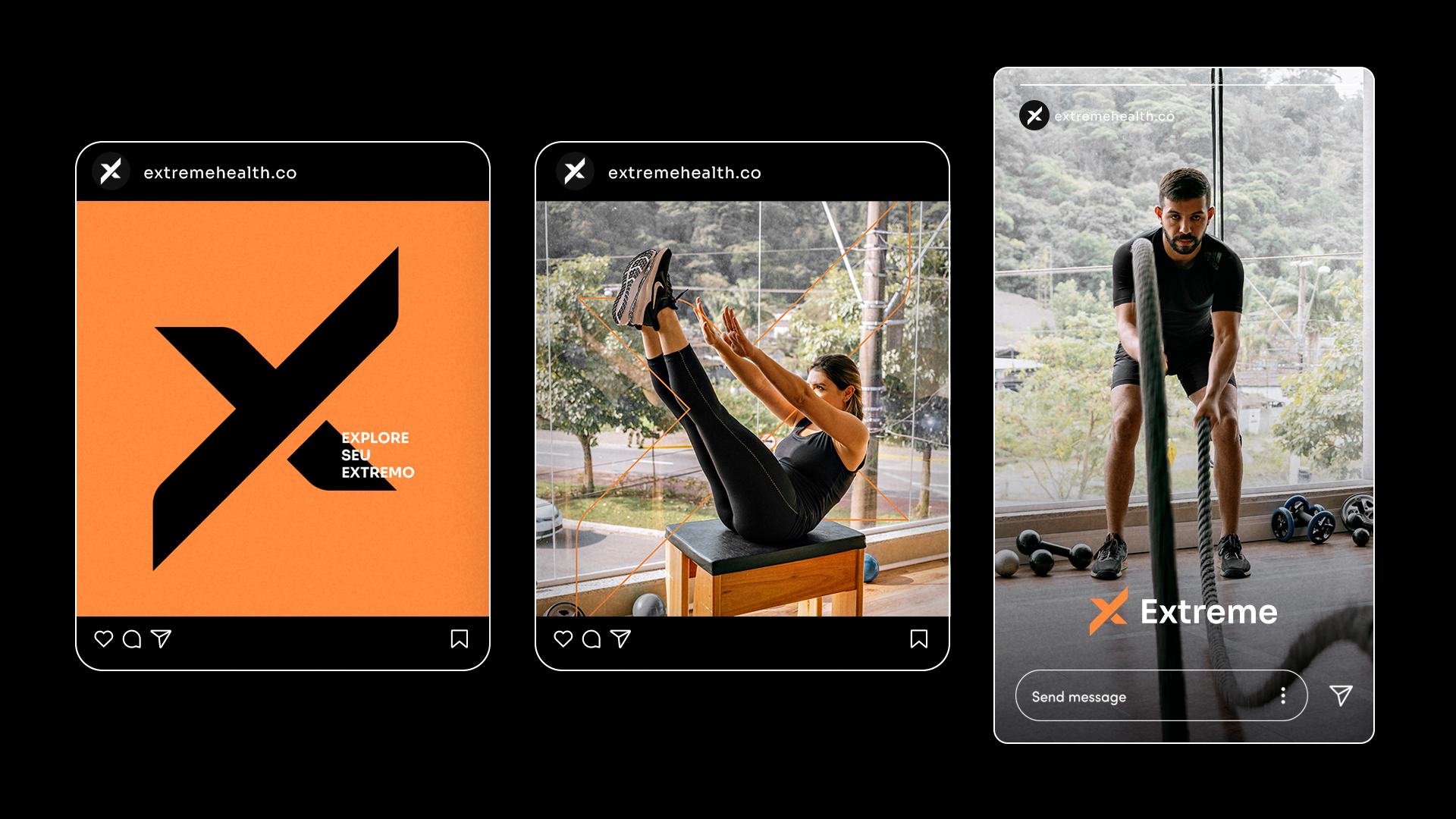 Extreme Health & Co. social media layouts combining the orange brand symbol with Pilates and functional training photography.