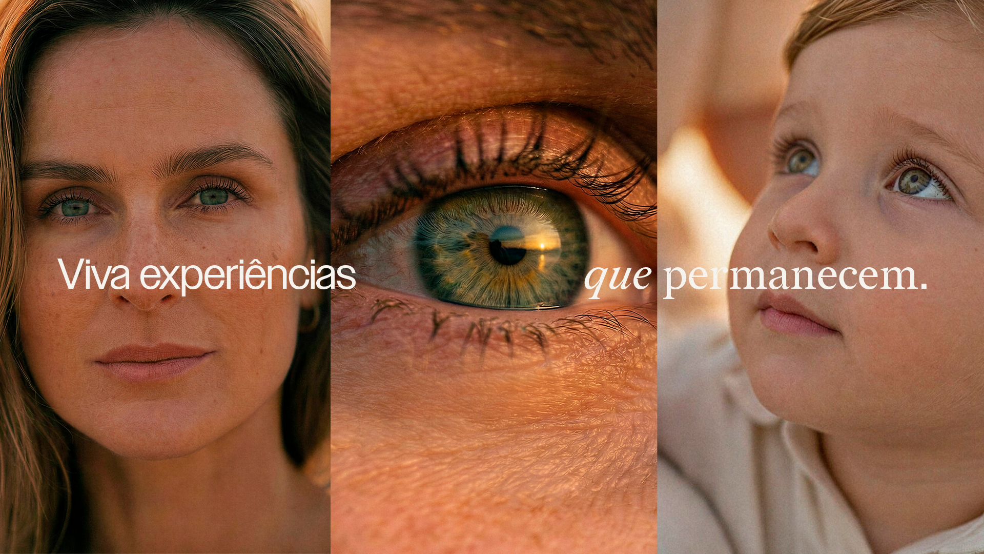 Zaylu Resort campaign triptych showing a woman, a green eye and a child, with the message “Viva experiências que permanecem.”