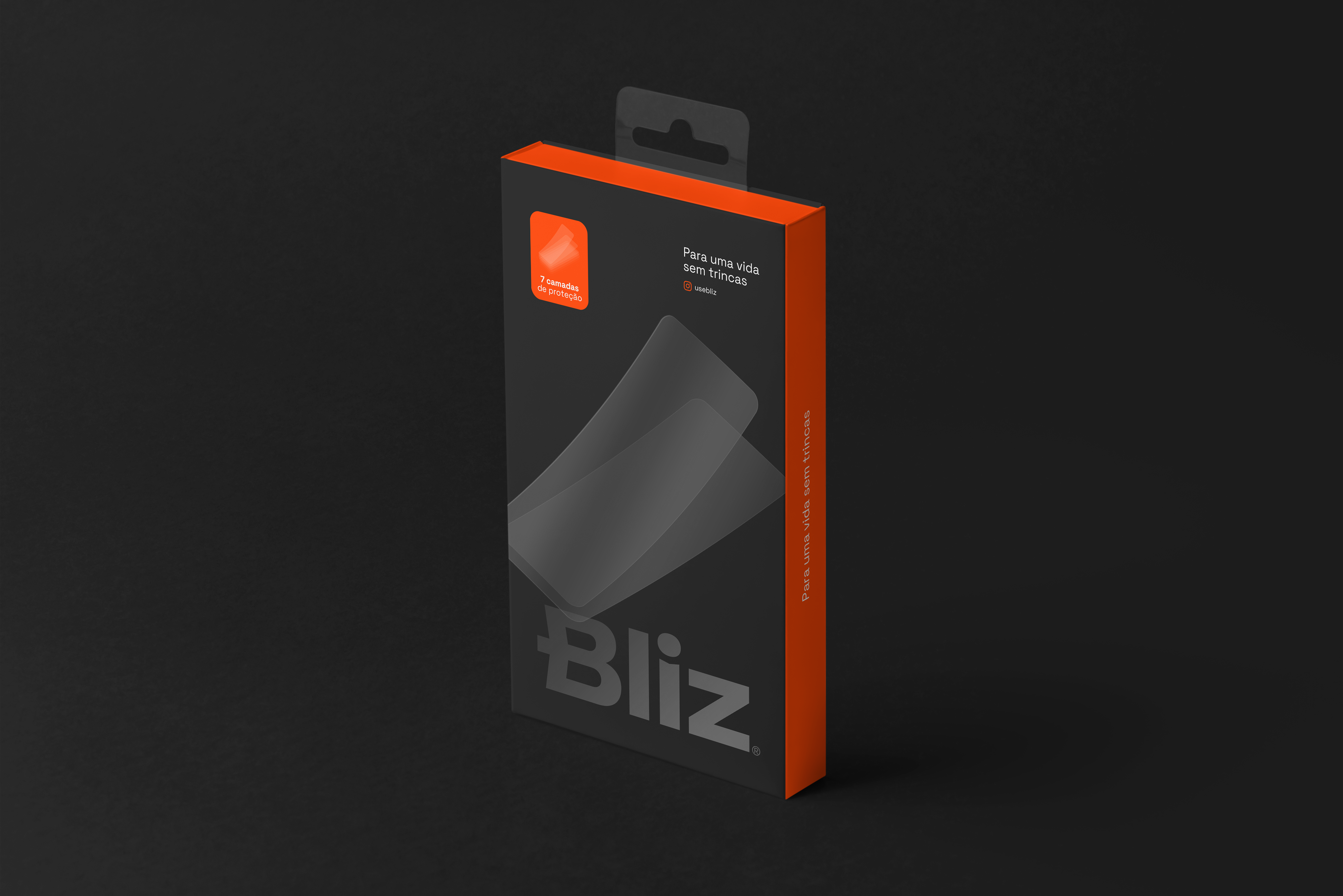 Bliz screen protector packaging with a black front, orange side panel and layered screen graphic.