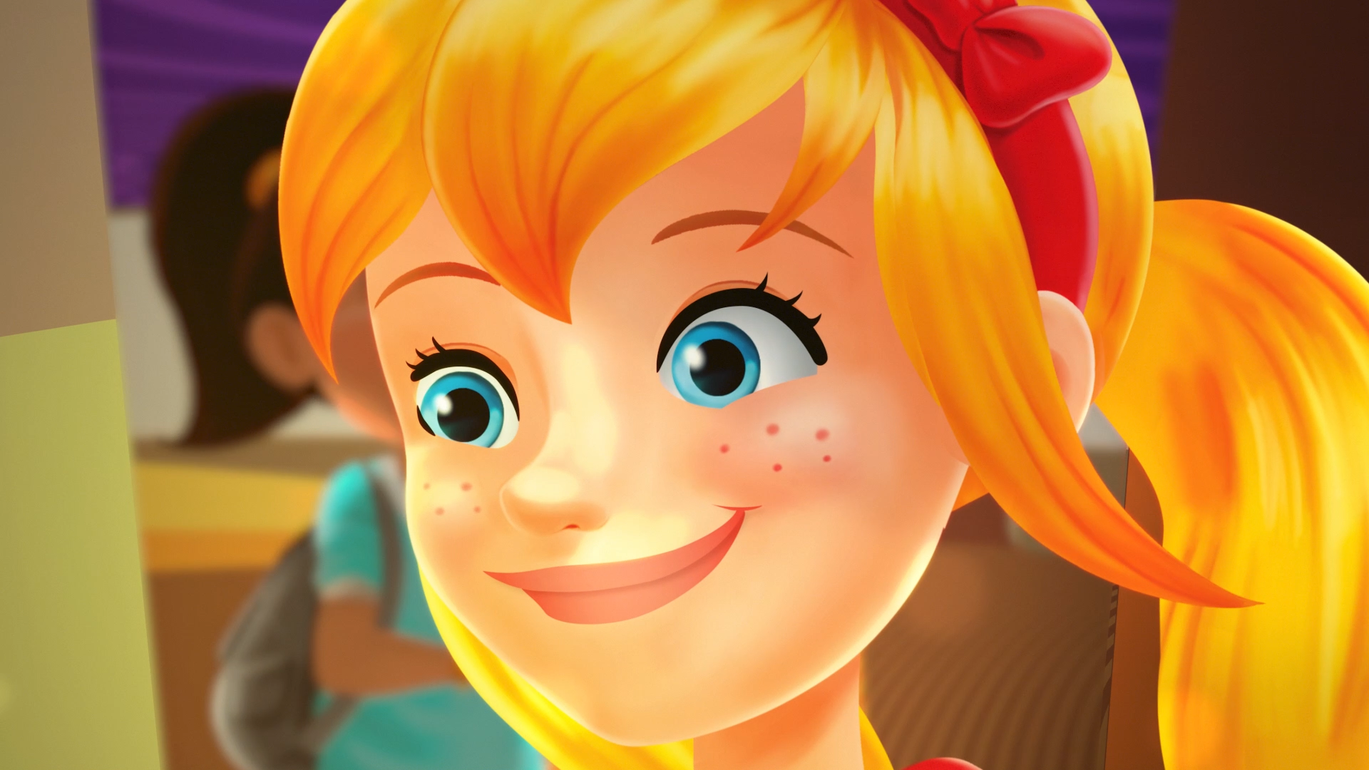 Close-up of Ana Maria, the animated campaign character with blonde hair, freckles and a red hair bow.
