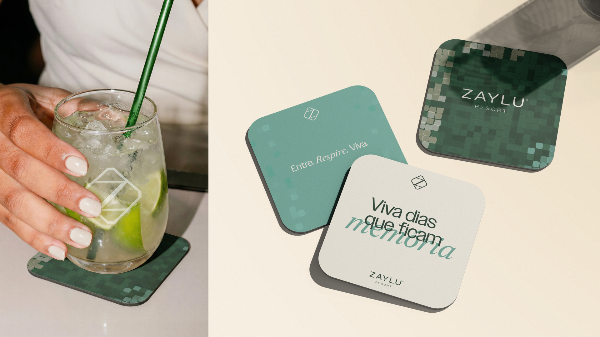 Zaylu Resort coasters in green and cream beside a glass, showing the logo and modular identity pattern.